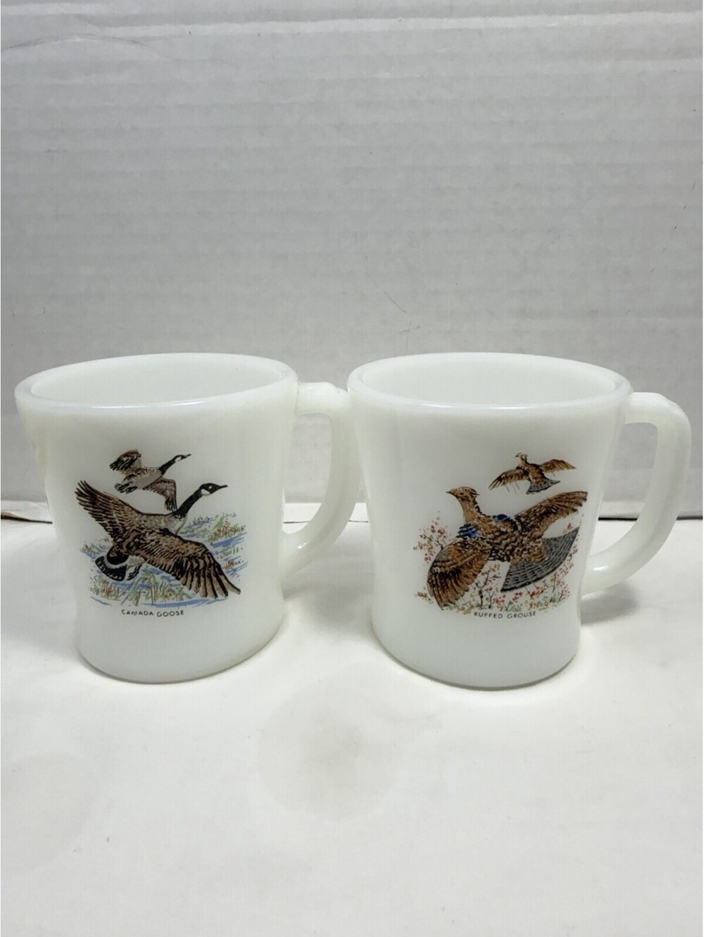 Vintage Fire-King Milk Glass Game Bird Mugs Canada Goose Ruffed Grouse Set of 2